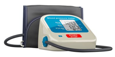 Tam otomatik kan basıncı monitörü, elektronik Sphygmomanometre. Beyaz arkaplanda 3B görüntüleme izole edildi