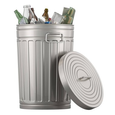 Çöplü metal çöp tenekesi. Beyaz arkaplanda 3B görüntüleme izole edildi