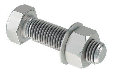 Çamaşır makinesi ve fındıklı cıvata, beyaz arkaplanda 3 boyutlu görüntüleme