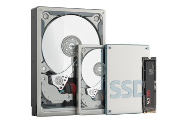 Solid state drive SSD, Hard Disk Drive HDD 3.5 inç, HDD 2.5 inç dizüstü bilgisayar ve M2 SSD için, 3D görüntüleme beyaz arkaplanda izole edildi