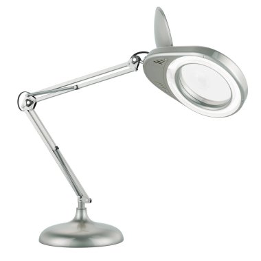 Büyütme Masası lambası, gümüş rengi. Beyaz arkaplanda 3B görüntüleme izole edildi