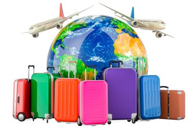 Global Air Seyahat, konsept. Dünya Küre ve Bavullu uçaklar, beyaz arka planda 3 boyutlu görüntüleme