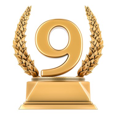 Dokuz tane 9 altın kupa, beyaz arka planda 3 boyutlu görüntüleme.