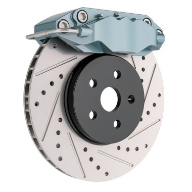 Caliper 'la birlikte araba diski freni. Beyaz arkaplanda 3B görüntüleme izole edildi  