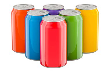 Renkli içki metalik kutular, beyaz arka plan üzerinde izole 3d render