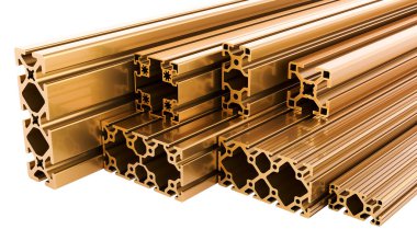 Bakır profiller, beyaz arkaplanda 3 boyutlu görüntüleme