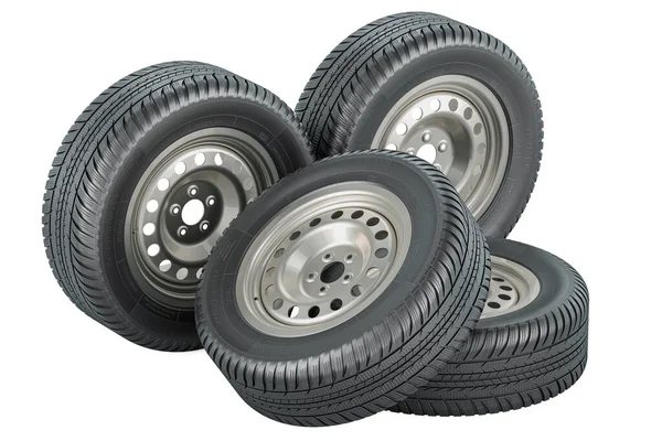 Car Steel Wheels Tyres Rendering Isolated White Background — Stock Photo, Image