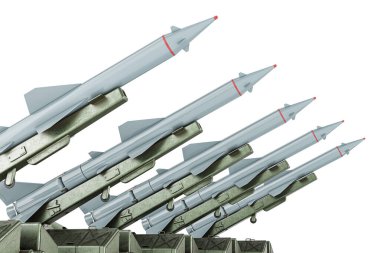Füze savunma sistemleri, uçaksavar savunma sistemi. Beyaz arkaplanda 3B görüntüleme izole edildi