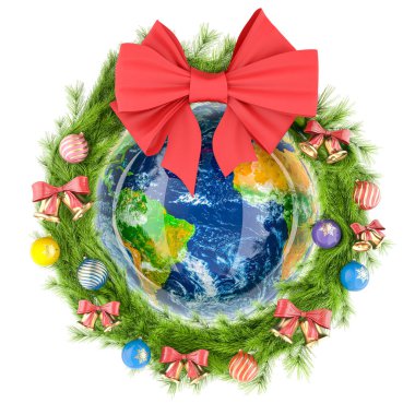 Dünya Küresi 'yle Noel Tatili Çelengi, Küresel Noel ve Yeni Yıl konsepti. Beyaz arkaplanda 3B görüntüleme izole edildi