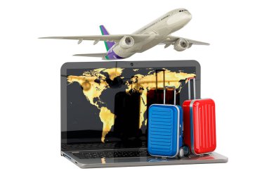 Uçaklı ve bavullu dizüstü bilgisayar. Global Air Seyahat, konsept. Beyaz arkaplanda 3B görüntüleme izole edildi