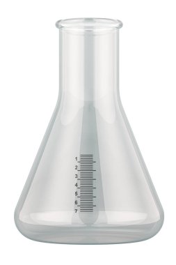 Boş konik matara, kimya laboratuvarı bardakları. Beyaz arkaplanda 3B görüntüleme izole edildi