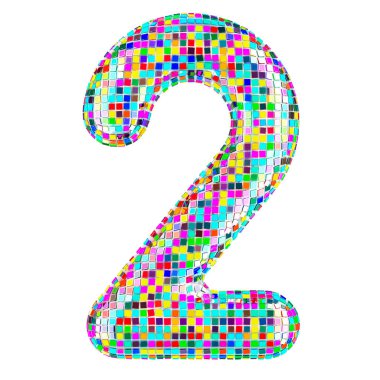 Mozaik yazı tipi, canlı mozaik parçalardan iki numara. Beyaz arkaplanda 3B görüntüleme izole edildi