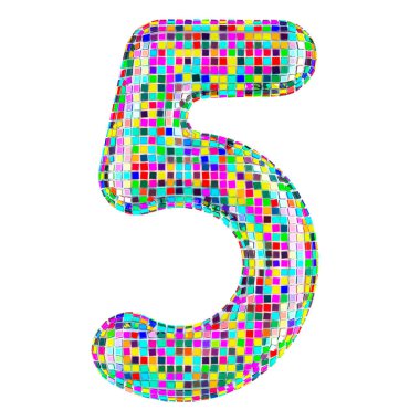 Mozaik yazı tipi, canlı mozaik parçalardan 5 numara. Beyaz arkaplanda 3B görüntüleme izole edildi