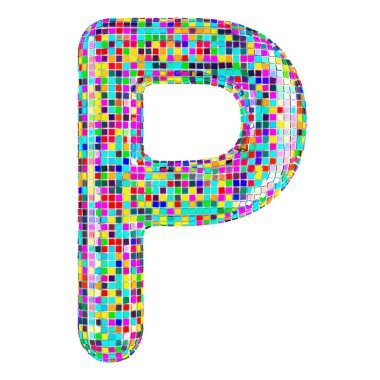 Mozaik yazı tipi, canlı mozaik parçaların P harfi. Beyaz arkaplanda 3B görüntüleme izole edildi