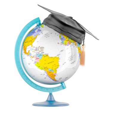 Kare akademik şapkalı World Globe. Uluslararası eğitim kavramı, beyaz arkaplanda 3 boyutlu görüntüleme