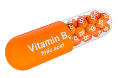 B9 'lu vitamin kapsülü, folik asit. Beyaz arkaplanda 3B görüntüleme izole edildi