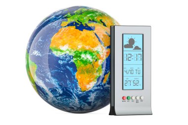 Dünya Küresi ile Meteoroloji İstasyonu, beyaz arkaplanda 3 boyutlu görüntüleme