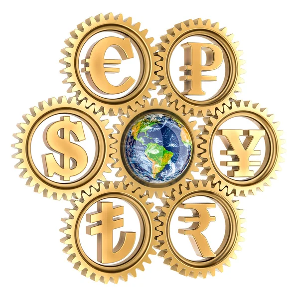 World Currency Concept Earth Globe Currency Gears Rendering Isolated White — Stock Photo, Image