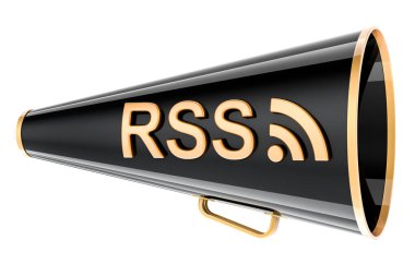 RSS logotype ile Bullhorn, beyaz arkaplanda 3 boyutlu görüntüleme
