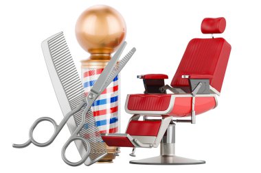 Berber sandalyesiyle berber direği saç tarağı ve makas. Berber dükkanı, kuaför, konsept. Beyaz arkaplanda 3B görüntüleme izole edildi