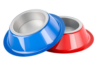 Evcil hayvanlar için iki kase, beyaz arka planda üç boyutlu görüntüleme