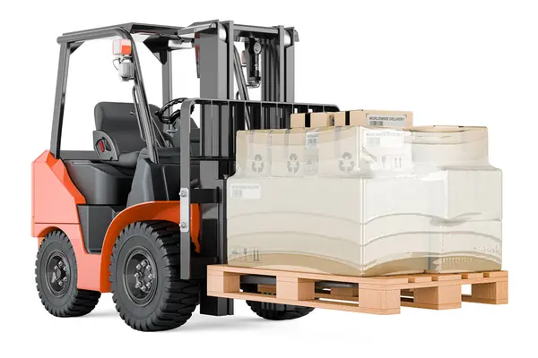 Forklift Truck Parcels Wrapped Stretch Film Rendering Isolated White Background — Stock Photo, Image