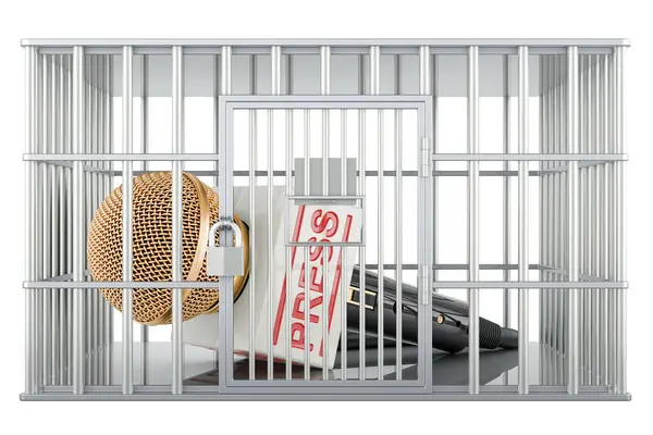 Freedom of the press prohibition, concept. Microphone press inside cage, prison cell. 3D rendering isolated on white background