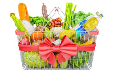 Shopping basket with red bow and ribbon full of grocery products, fruits and vegetables. 3D rendering isolated on white background clipart