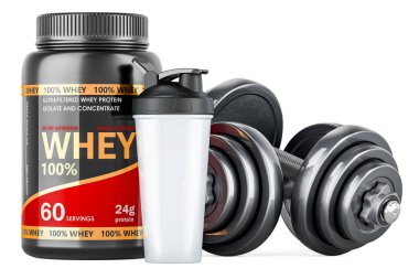 Dambıllı Sports Shaker Bottle ve beyaz arkaplanda 3 boyutlu izole edilmiş Whey Protein Tozu kavanozu.