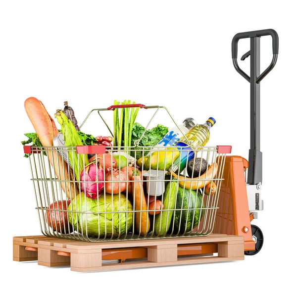 Hydraulic Pallet Jack Shopping Basket Full Products Delivery Products Concept — Stock Photo, Image