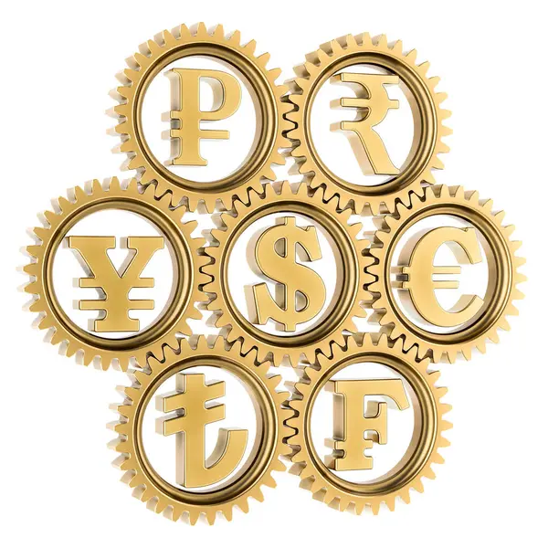 Currency Gears Rendering Isolated White Background — Stock Photo, Image