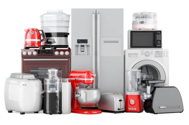 Mutfak aletleri seti. Tost makinesi, su ısıtıcı, karıştırıcı, gaz sobası, çamaşır makinesi, blender, yoğurt makinesi, buhar makinesi, meyve sıkacağı, buzdolabı, mikrodalga fırın, öğütücü ve ekmek makinesi. Beyaz arkaplanda 3B görüntüleme izole edildi