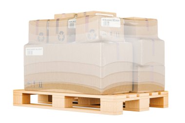 Tahta Palet paketleri streç filme sarılı, 3 boyutlu görüntüleme beyaz arka planda izole