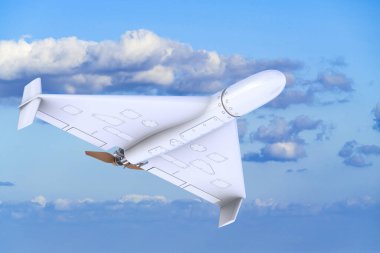 Kamikaze Drone, mavi gökyüzünde askeri bir dron. 3B görüntüleme