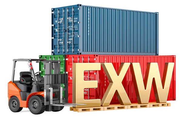 EXW concept. Forklift truck with cargo containers, 3D rendering isolated on white background