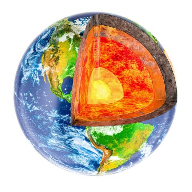 Dünya Küresi 'nin detaylı yapısı. Bölgesel Dünya Modeli, beyaz arkaplanda 3 boyutlu görüntüleme