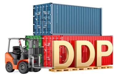 DDP konsepti. Kargo konteynerli forklift kamyonu, beyaz arka planda 3 boyutlu görüntüleme