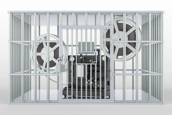 Cinema projector inside cage, prison cell. Freedom of Information, prohibition concept. 3D rendering isolated on white background