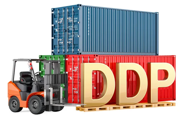 Ddp Concept Forklift Truck Cargo Containers Rendering Isolated White Background Stock Photo