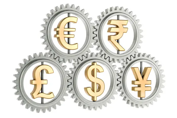 Currency Gears Conversion Exchange Currencies Concept Rendering Isolated White Background — Stock Photo, Image