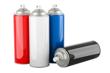 Sprey boya kutuları, renkli. Beyaz arkaplanda 3B görüntüleme izole edildi