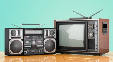 Eski televizyon setini ve boombox 'ı. Tahta masadaki 3D görüntüleme