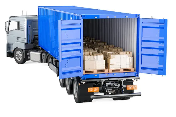 ボール紙箱が付いている半トレーラーの貨物トラック 貨物輸送 配送コンセプト 白い背景で隔離された3Dレンダリング ロイヤリティフリーのストック写真