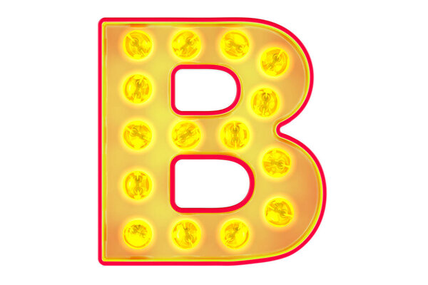 Light bulb letter B, glowing retro font. 3D rendering isolated on white background