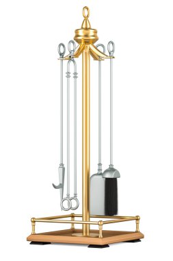 Şömine Aletleri, hazır. Beyaz arkaplanda 3B görüntüleme izole edildi