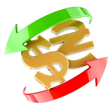 Dolar ve Hryvnia, değişim konsepti, beyaz arka planda 3 boyutlu görüntüleme