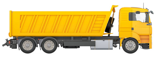 Tipper Truck, dump truck, side view. 3D rendering isolated on white background