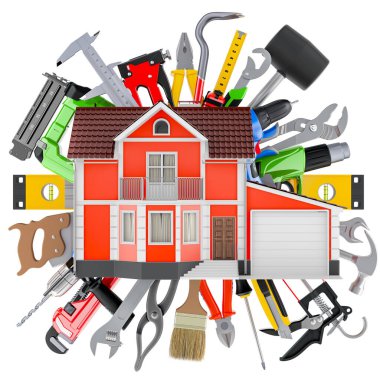 House with tools. Home repair, concept. 3D rendering isolated on white background