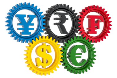 Currency gears colored, conversion and exchange of currencies, concept. 3D rendering isolated on white background clipart