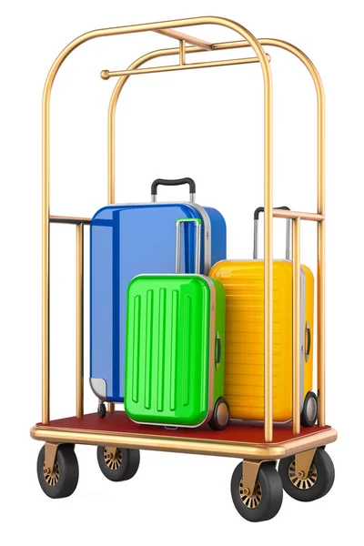 Hotel luggage trolley cart with colored baggage. 3D rendering isolated on white background